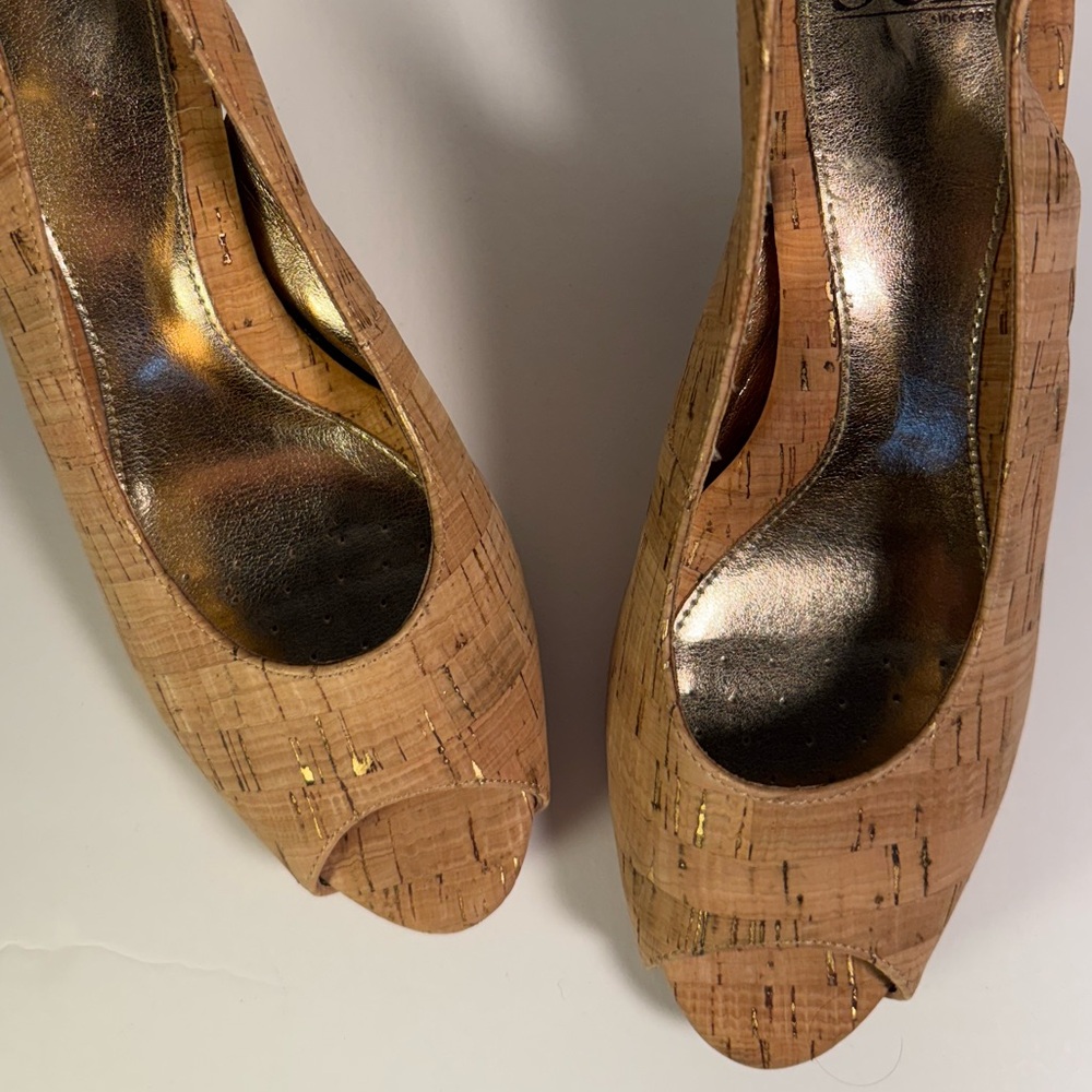 Softt Cork Peep-Toe Slingback Heels with Gold Details